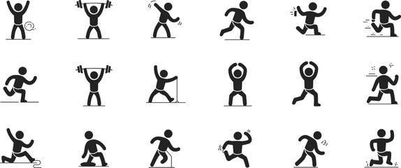 Set of sport activity stick figure icons vector illustration isolated on white background showing fitness workout training actions collection