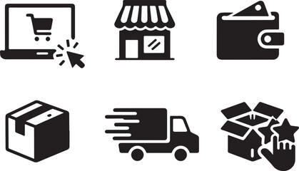 Online shopping icons representing e-commerce process isolated on white background, Vector, illustration