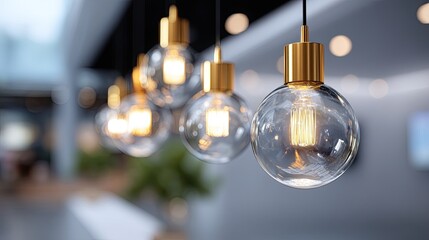 Elegant pendant lights with warm glow illuminating a modern interior design space with blurred background ambiance