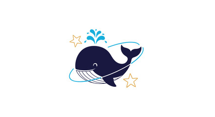 Adorable blue whale character with water spray and golden stars swimming in a playful and creative cosmic ocean.