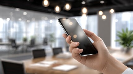 Hand Holding a Smartphone in a Modern Office Environment with Blurred Background and Warm Lighting Effects