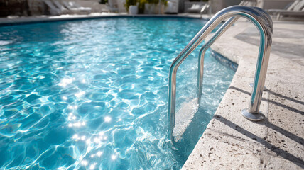 A clear blue swimming pool with metal handrails.