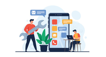 Professional technicians working together to repair a giant smartphone using tools and modern computer software.