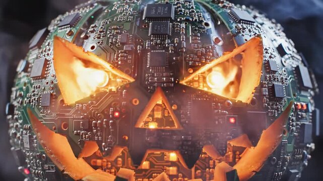 Techno Pumpkin: A futuristic Halloween jack-o'-lantern, masterfully crafted from electronic components, glows with an eerie light, melding technology and the spirit of the season.