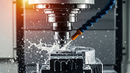 Precision Machining Action, CNC Machine, Workshop, Photography, Industrial Environment, Close-up View, Fluid Dynamics