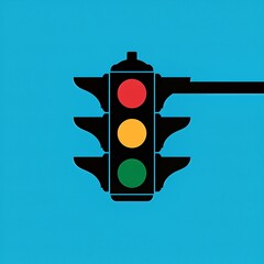 Traffic light with red, yellow, and green lights on blue background
