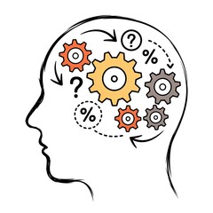 Problem solving concept with gears and question marks in head