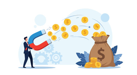 Successful businessman using a giant horseshoe magnet to attract gold coins from a large money bag, symbolizing profit and success.