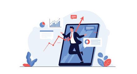 Ambitious businessman jumping out of a giant smartphone screen surrounded by financial growth charts and rising data indicators.