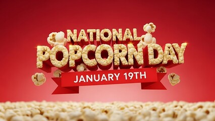 Celebrating national popcorn day on january nineteenth with a vibrant three dimensional title rendered in textured kernels against a bright red background