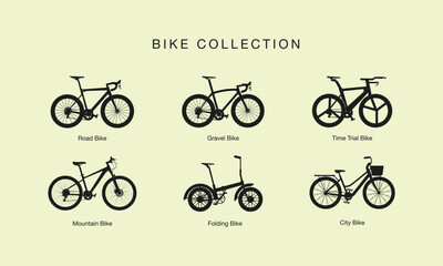 Set of different bicycles models silhouette. Set of different bicycle types including road bike, gravel bike, time trial bike, mountain bike, folding bike, and city bike.