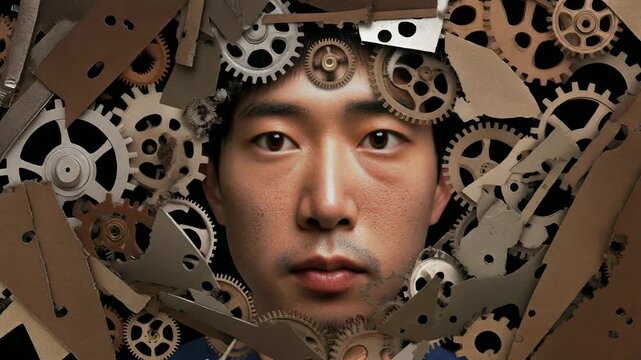 歯車の断片から時計職人の顔が浮かび上がる創作表現ストップモーションアニメーション