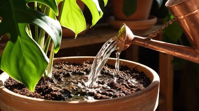 Nourishing Growth A Time Lapse Of Watering A Potted Monstera Plant Indoors