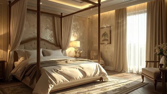 Elegant Bedroom Interior With Four Poster Bed and Warm Lighting