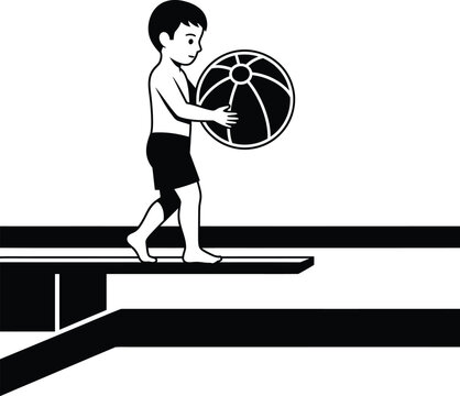 Ready for a Plunge: a young boy holding a beach ball, poised to leap into the inviting blue water from the diving board. It is the perfect moment, the moment before carefree bliss! AI Generative