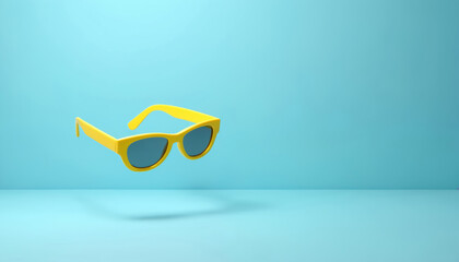 Yellow sunglasses float on clean blue background, minimal scene for summer style, fashion blogs or ads. Accessory for sun protection and bright vibes.