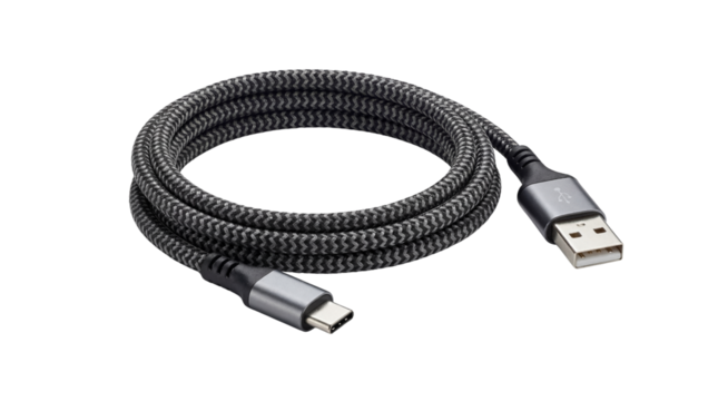USB-C to USB-A Braided Charging Cable Product Shot isolated PNG with Transparent Background - Powered by Adobe