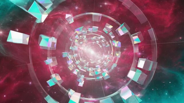 Vibrant 3D animation of holographic cubes spiraling into a bright light