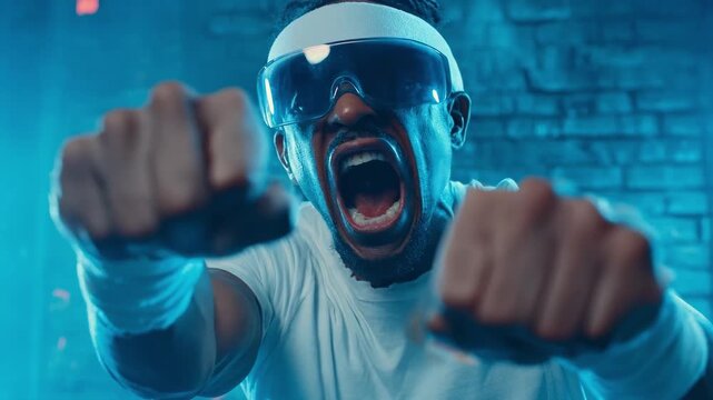 Medium shot capturing a man engaged in an energetic VR fitness routine combining cycling boxing and dance elements in a futuristic setting.