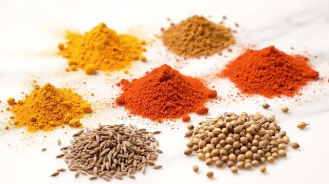 An array of vibrant culinary spices and aromatic herbs, neatly arranged in distinct piles, showcasing their rich colors and textures, ready to enhance cooking and flavor dishes for various cuisines