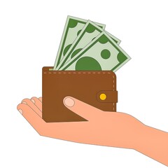 Hand holding brown leather wallet with cash