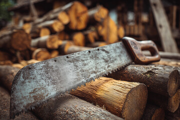 Hand saw rests on logs at a sawmill where wood processing takes place during the day