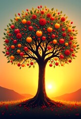 In the lush Garden of Eden, a magnificent tree adorned with bright fruits stands tall under a warm sunset. Its beauty signifies knowledge and the eternal struggle between good and evil Generative AI
