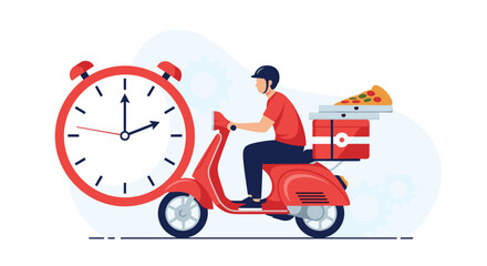Efficient food delivery service showing a courier on a red scooter carrying pizza next to a large clock face.