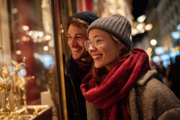 A couple happy shopping for Christmas outside on a winter street in a city. They are in front of a store window in Vienna, Austria.