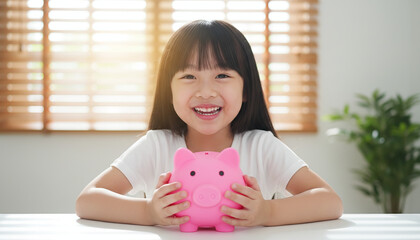 Happy little Asian girl holding a pink piggy bank, a symbol of childhood savings, financial literacy, and future investment education