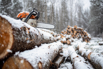 Chainsaw working in a snowy logging site during winter with cut logs stacked in the background for preparation and processing