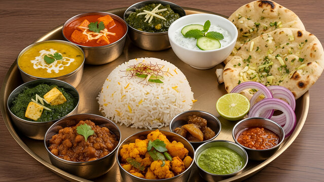 indian food ingredients, Authentic Indian Thali Platter with Saffron Basmati Rice and Variety of Vegetarian Curries