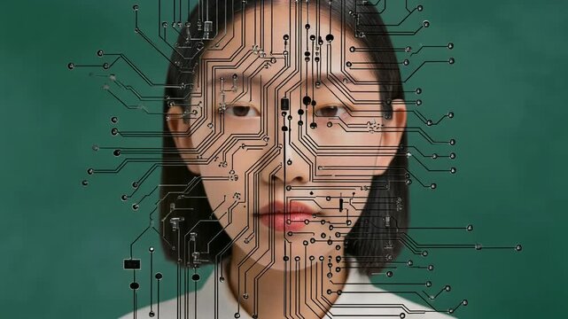 精密な基板線が構成する技術者の顔を表現した創作的コラージュストップモーションアニメーション