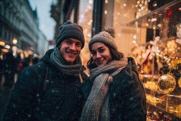 A couple happy shopping for Christmas outside on a winter street in a city. They are in front of a store window in Vienna, Austria.
