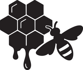 Honeybee and honeycomb with dripping honey silhouette vector illustration