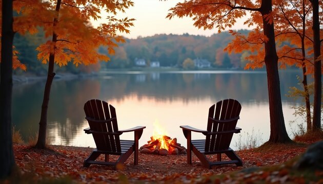 Two chairs face campfire on lake shore. Autumn trees frame tranquil scene with warm glow. Relaxing evening by water, enjoy peace and nature.