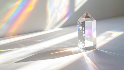 Prism crystal casting rainbow light and shadows on a white surface.