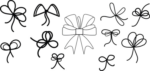 Doodle gift bow. Simple doodle red bows with string and knot for present. Minimalist line art vector for Christmas celebration and coquette holiday decoration, birthday party or festive package