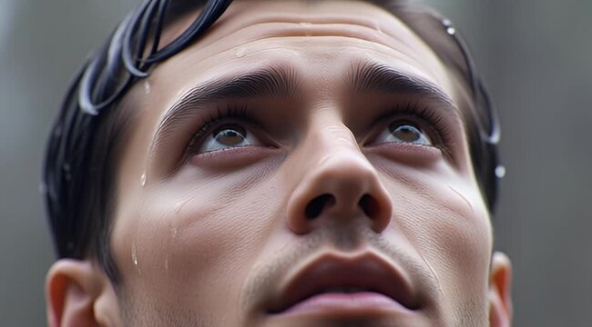 Dramatic Close Up Portrait of a Handsome Man Looking Upward Rain Drops on Face Intense Emotional Expression Male Model Stock Footage Video