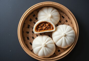 Steamed bao buns with savory minced pork filling arranged in bamboo steamer basket