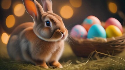 A cute bunny and colorfully painted eggs as symbols of Easter