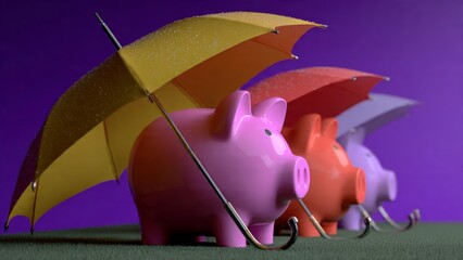 Financial Protection Concept with Piggy Banks Under Umbrellas