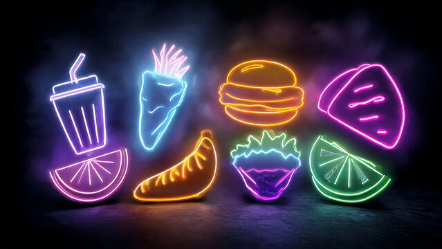Vibrant neon food and drink icons glowing brightly