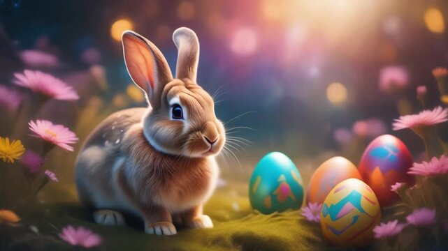 A cute bunny and colorfully painted eggs as symbols of Easter
