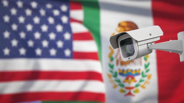 A camera and flags of the USA and Mexico. Symbolic video for the surveillance of the American-Mexican border.