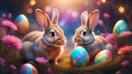 Two cute bunnies and colorfully painted eggs as symbols of Easter