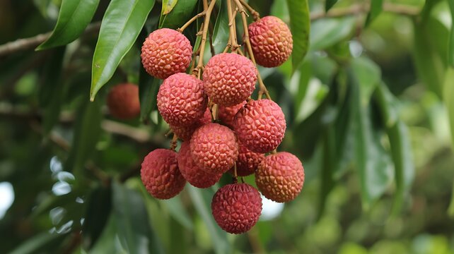 Ripe Lychee Fruits Hanging on Tree Branch in Garden