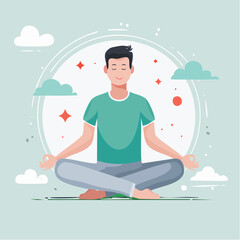 Meditating man in lotus position with clouds and geometric elements