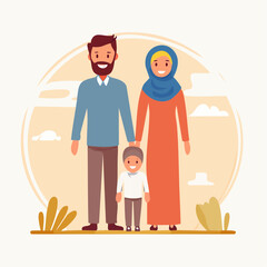 Family illustration smiling together outdoors depicting cultural diversity