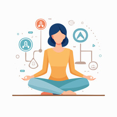 Woman meditating with abstract icons representing well being and focus